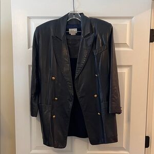 Vakko Navy Leather Blazer with Gold Buttons